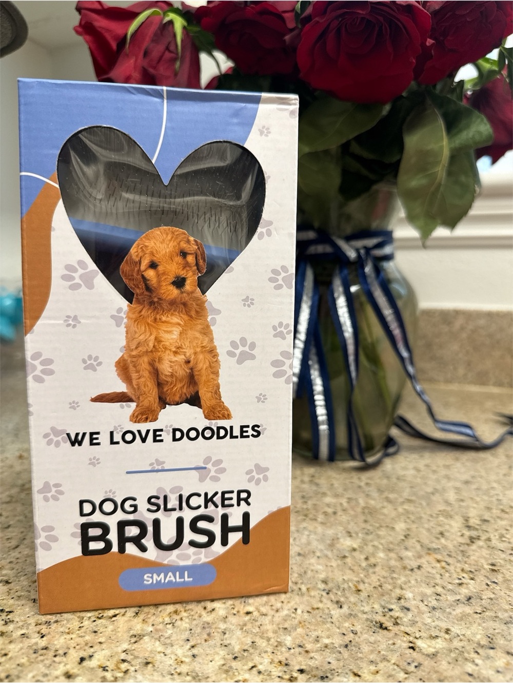 Dog Slicker Brush - We Love Doodles (Small) - Tan & Blue